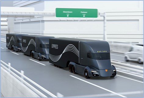A fleet of self-driving electric semi-trucks driving on a highway ©123RF cheskyw
