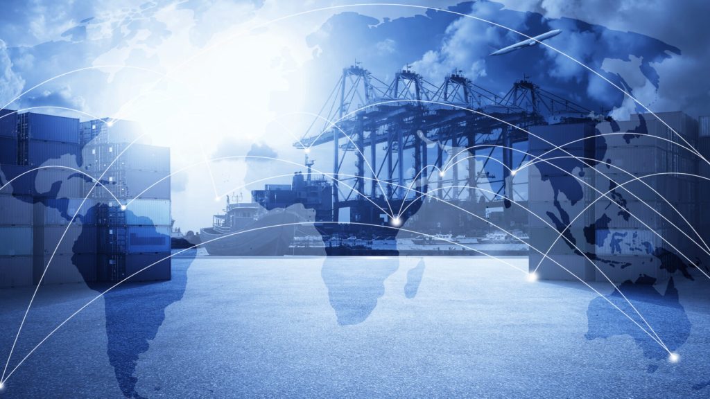 Multiple exposures effect of world map and logistic network distribution with container cargo freight ship in shipyard port background ,transportation trading business concept .
